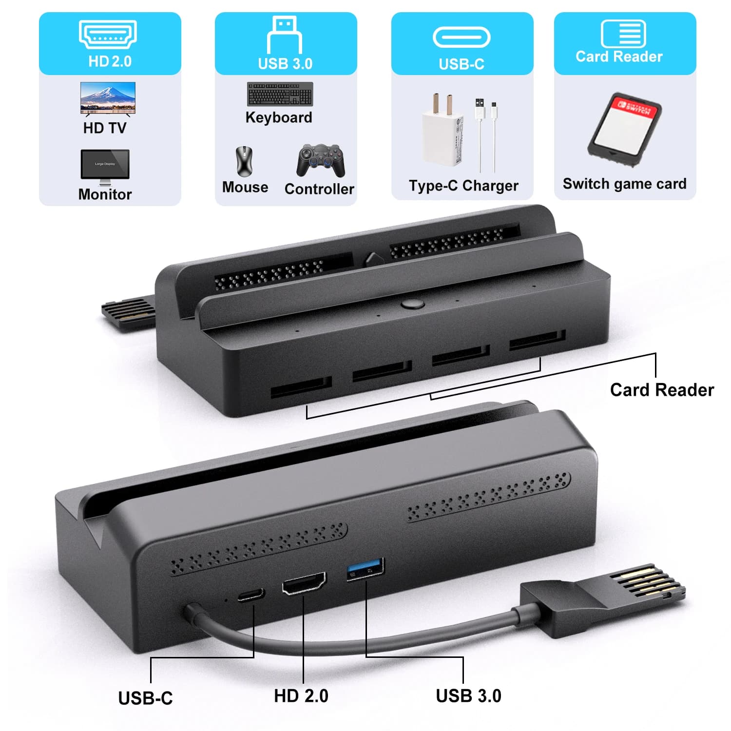 Per Nintendo Switch Lettore di schede da gioco 7 in 1 Switch per base di mirroring dello schermo OLED Switch, supporta la commutazione con un clic dei giochi