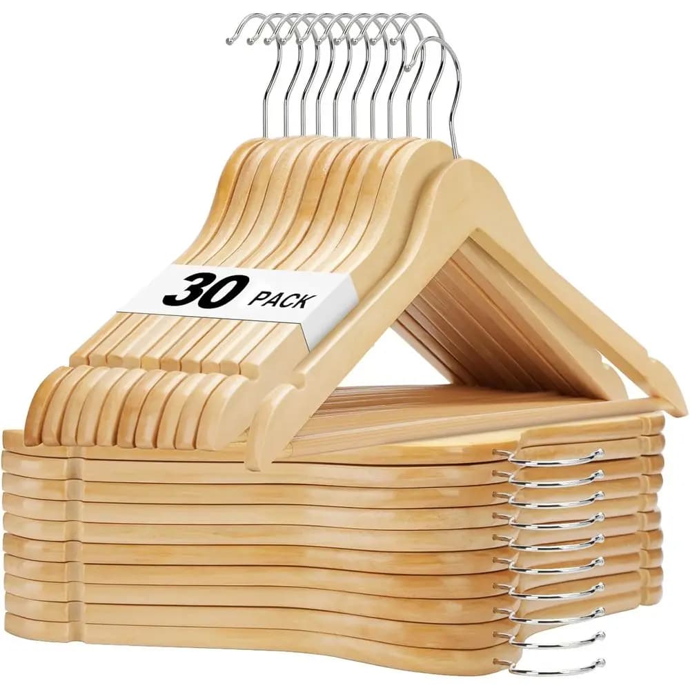 Pack of 30 hangers in solid wood with anti slip bar for clothes, resistant for coats, smooth finish for shirts and dresses, natural finish