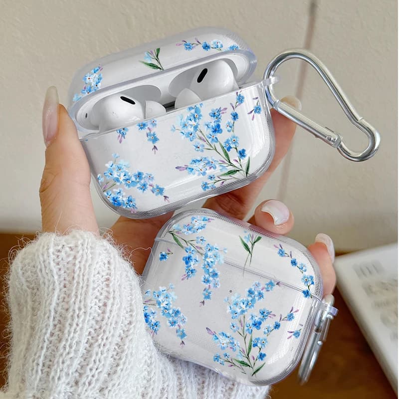 Blue TPU transparent floral cases for Airpods Pro2/Pro3/Pro Fashion Silicone Headphone Cover for AirPods 4/3/2/1 Earphone Case