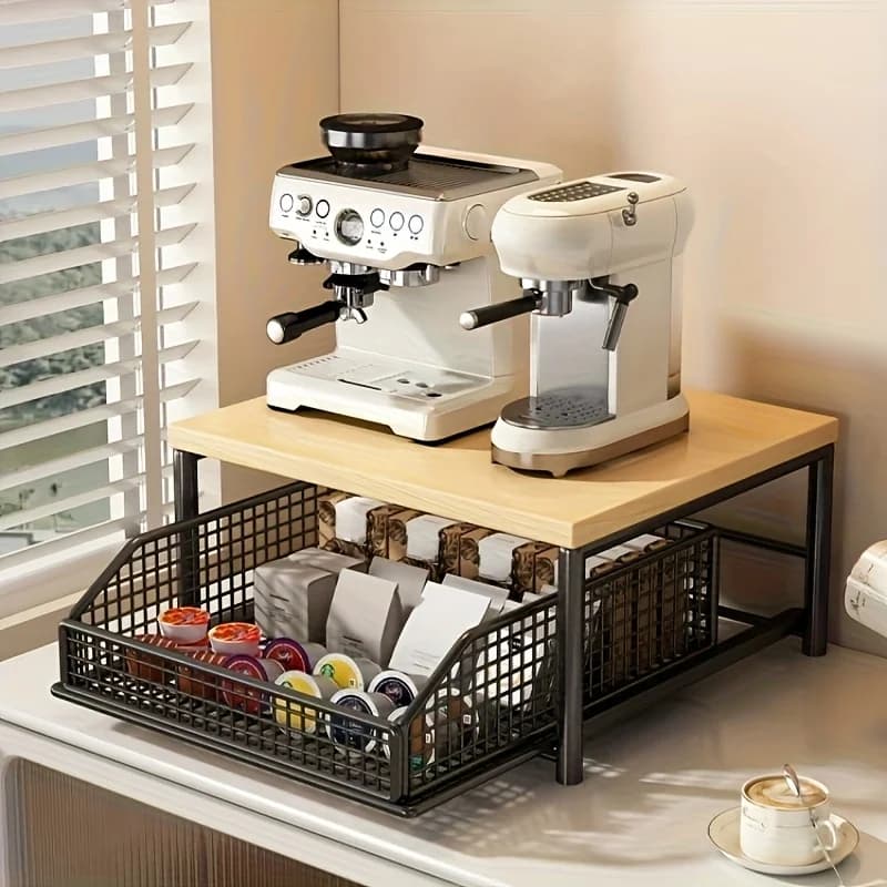 Supporto per Macchina da Caffè con Cestello Portaoggetti, Scaffale Organizzatore da Cucina a 2 Livelli per Cialde di Caffè, Tazze e Piccoli Elettrodomestici
