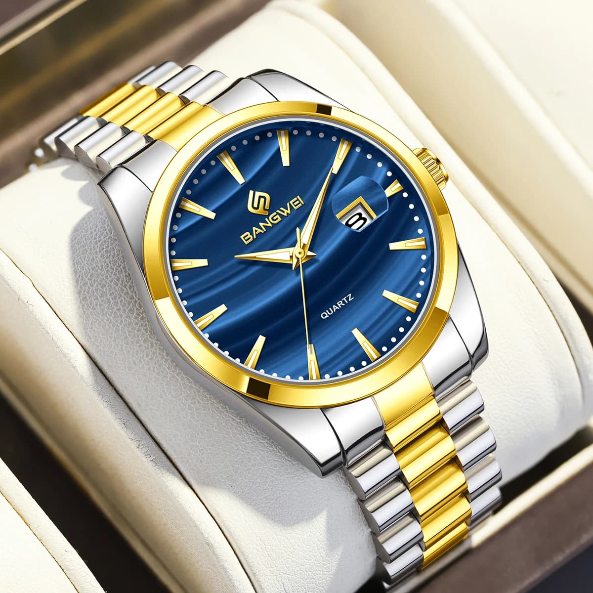 BANGWEI Business Men's Quartz Wrist Watch With Automatic Date, Steel Men's Watch, Waterproof, Bright, Luxury Men's Fashion Watches + Box