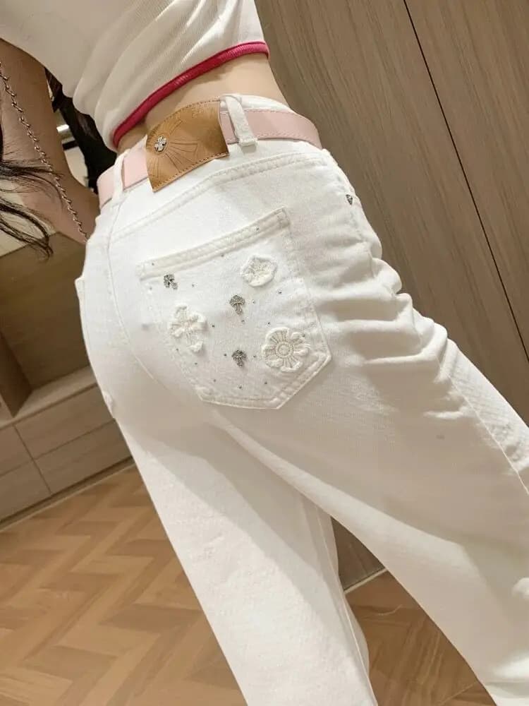 Jeans Bianchi Ricamati a Vita Alta e Gamba Dritta da Donna, Nuovo Stile 2026, Pantaloni a Gamba Larga in Cotone, Collezione Primavera
