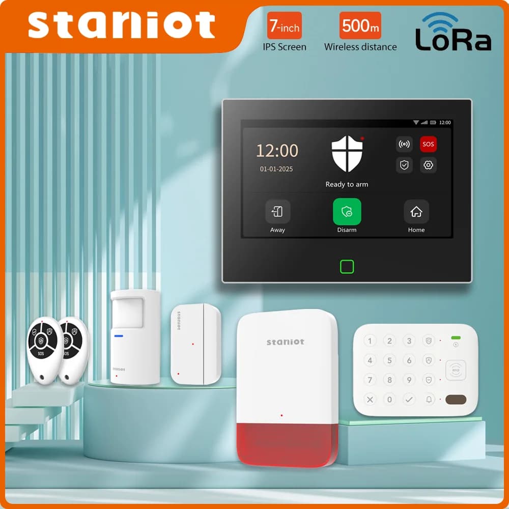 Staniot Kit di protezione Lora da 7 pollici WiFi 4G Tuya Sistema di allarme domestico intelligente con batteria da 5000 mAh Distanza 500 M Funziona con Alexa