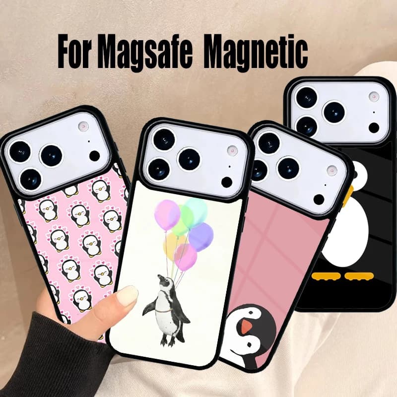 Custodia per telefono con motivo simpatico pinguino per iPhone 17 Air 16e 15 14 13 12 11 Pro Max Plus, cover magnetica wireless Magsafe