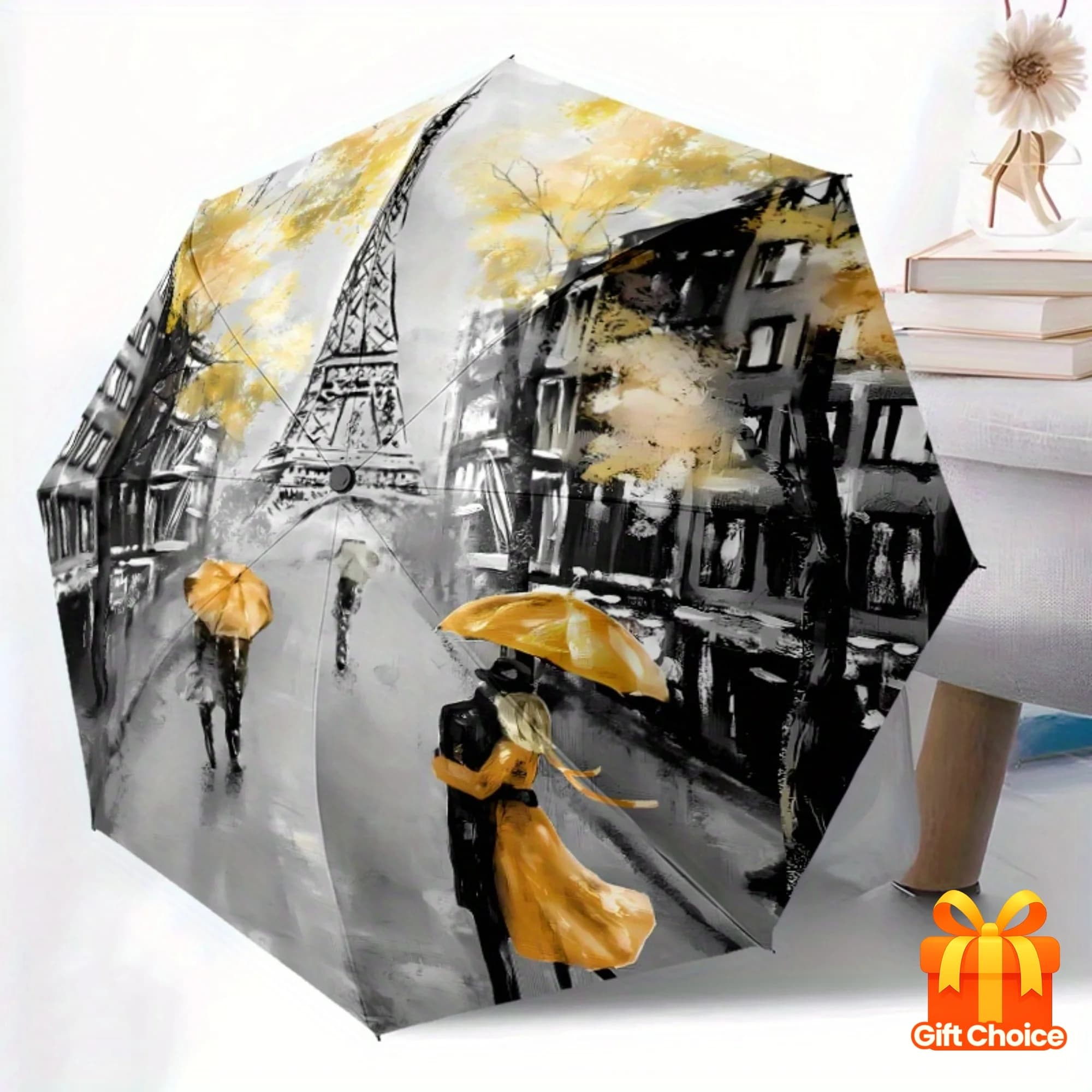 Ombrello Automatico Apri/Chiudi - Scena Torre Eiffel di Parigi e Champs de Mars, Ombrello Pieghevole Compatto con Custodia da Viaggio, Antivento