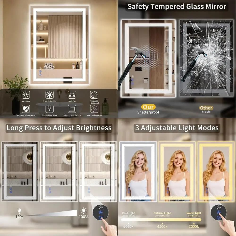 Specchio da Bagno a LED 40x32, Antiappannamento, Retroilluminato e Illuminato Frontalmente, Dimmerabile, in Vetro Temperato con 3 Opzioni di Colore