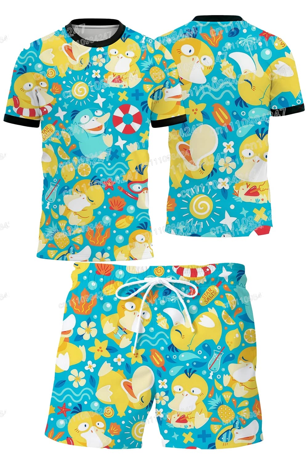 2026 Hot Sale Pokemon Psyduck 2 Piece Set Cute Anime Print T-shirt Beach Shorts Summer Quick Dry Men Women Casual Holiday Outfit