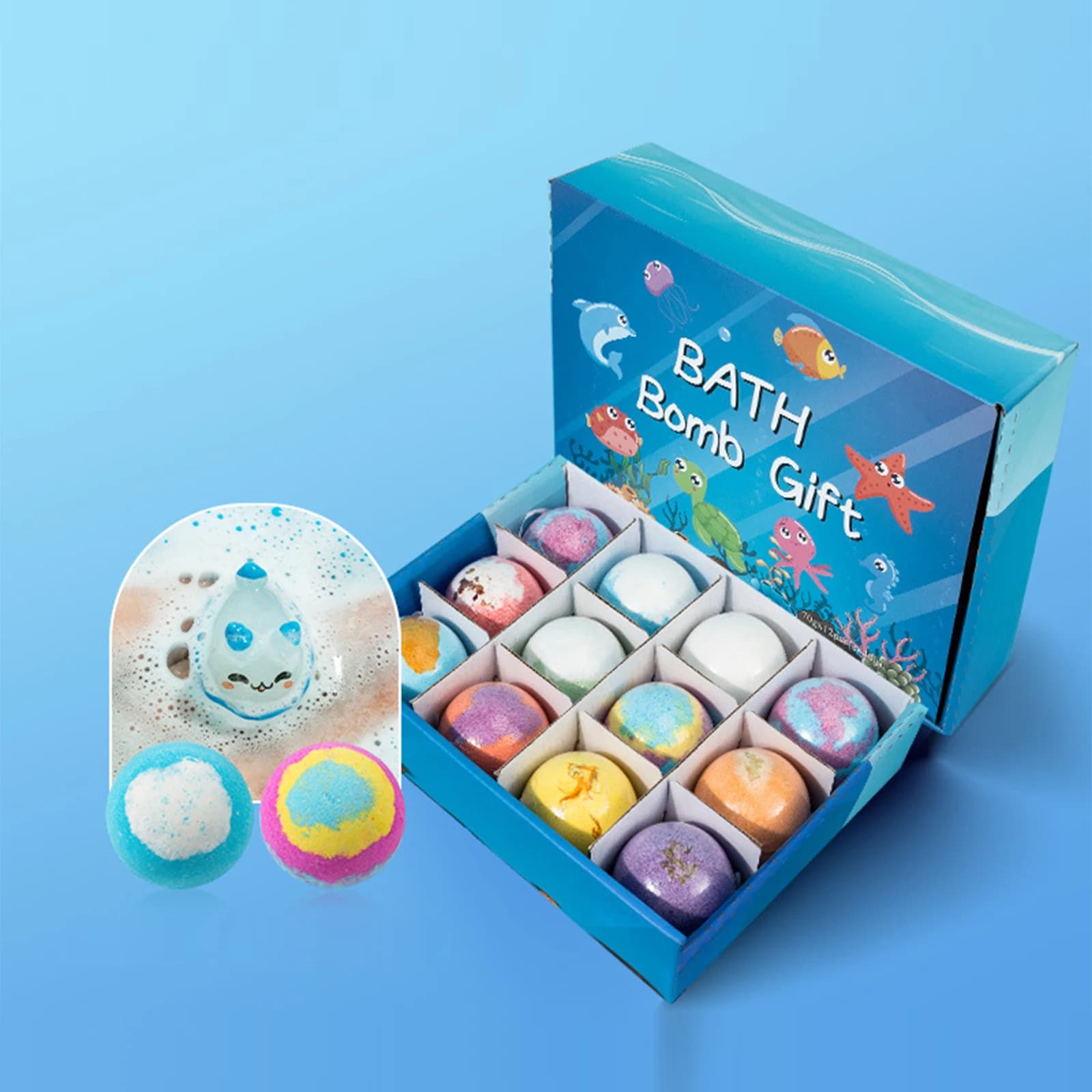 Kids Bath Bombs with Surprise Ocean Animal Toys 12 Pack Natural Essential Oil Bubble Bath Gift Set for Birthday Christmas