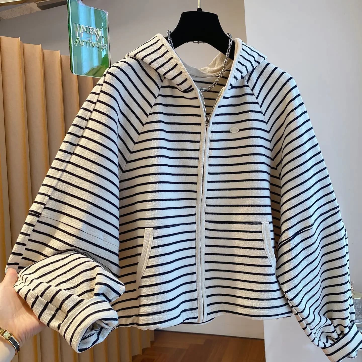 Women's Hoodie 2025 Spring Autumn New Stripe plus Size Unique Super Beautiful Zipper Open Cardigan Outerwear Top