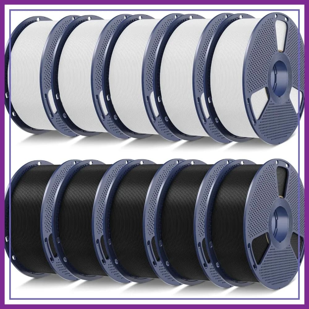 Confezione da 10 kg di Filamento per Stampante 3D, PLA 1.75mm ±0.02mm, 10 Bobine, 5 Nere e 5 Bianche, Avvolgimento Ordinato, Sigillato Sottovuoto