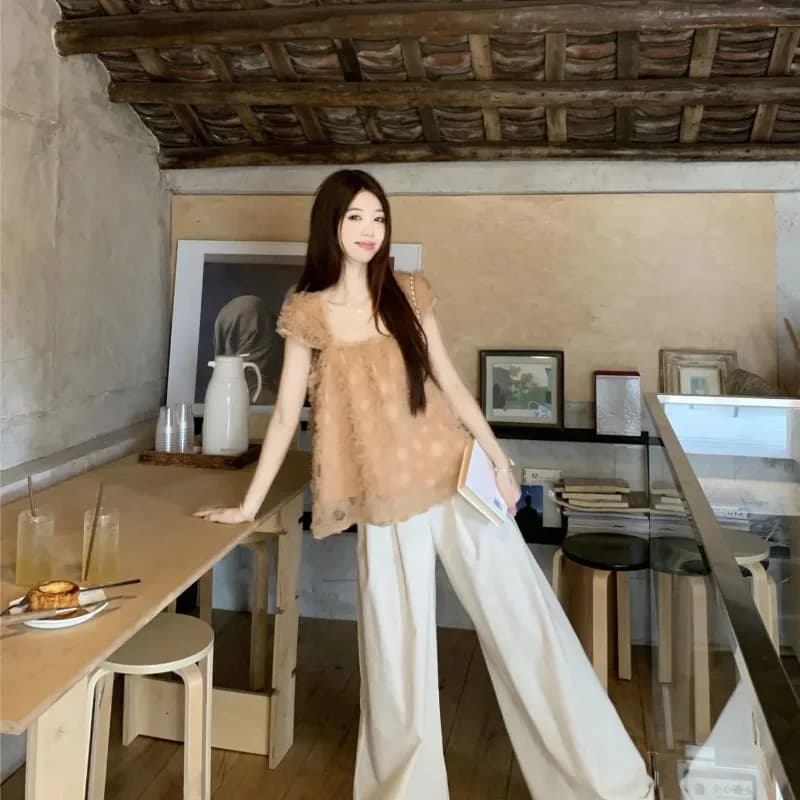 Women's Apricot Ruffled Chiffon Blouse Elegant Square Neck Cap Sleeve Textured Sheer Top