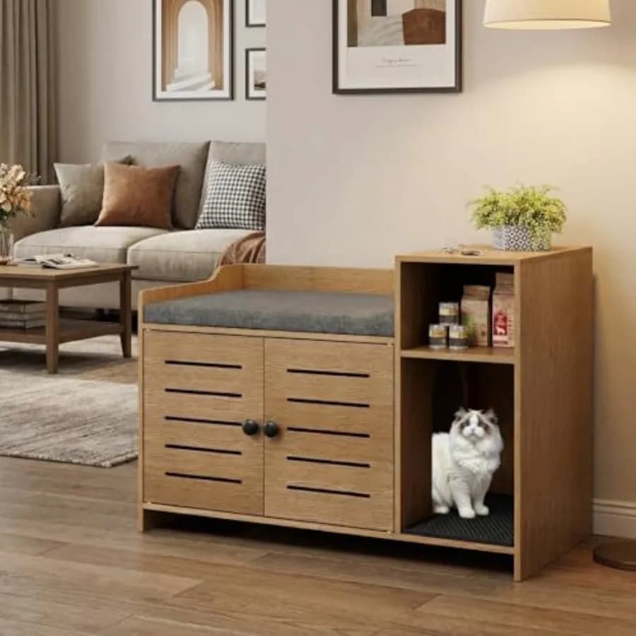 Lettiera per Gatti Grande e Nascosta con Doppia Porta, Design a Tavolino in Legno, Ripiano Contenitore, Cuscino e Tappetino Anti-Cane, Moderna