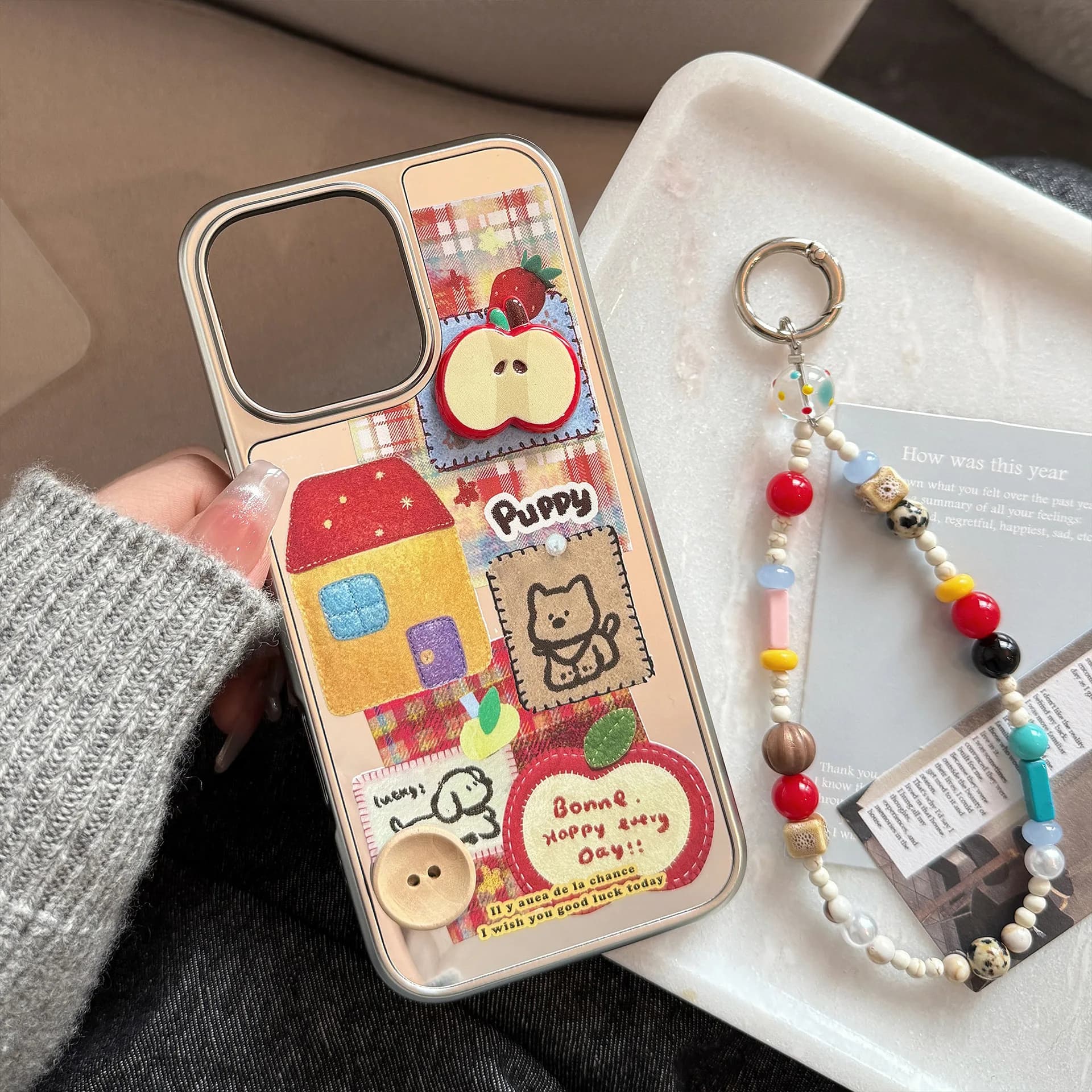 Custodia per telefono coreana 3D con bottone a forma di mela, cagnolino cartone animato e specchio per iPhone 17 Air 16 15 14 13 12 Pro Max, con catena, antiurto, cover rigida