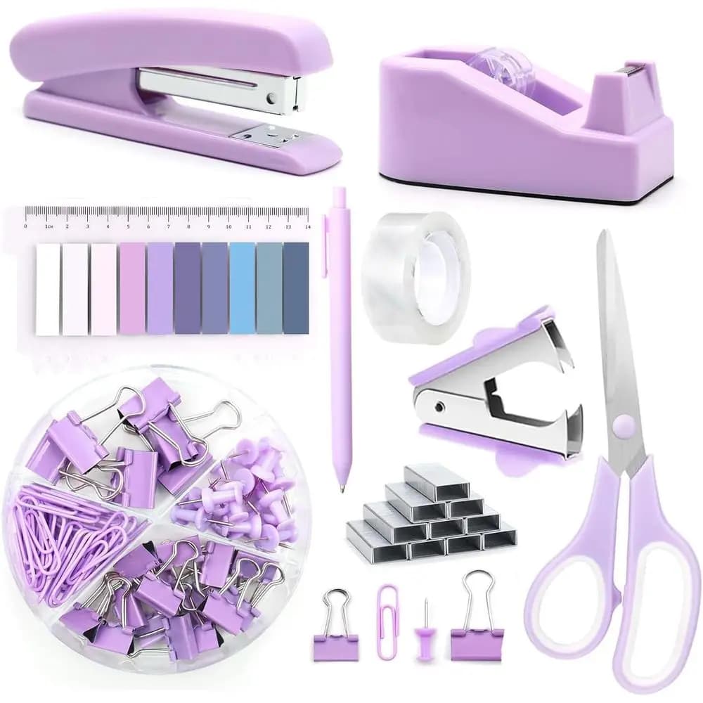 Office Essentials: Desk Accessories Set with Stapler, Tape Dispenser, Scissors, Staple Remover, Binder Clips, Staples, Ballpoint