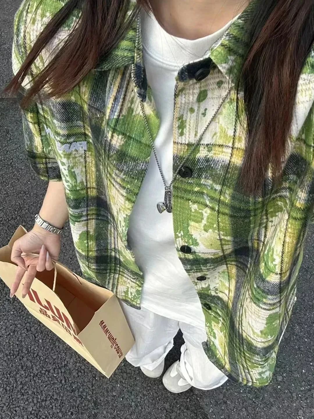 American Style Tie Dye Plaid Short Sleeve Men's Shirt Summer Sun Protection Vintage Shirt Layering Shoulder Half Sleeve Jacket