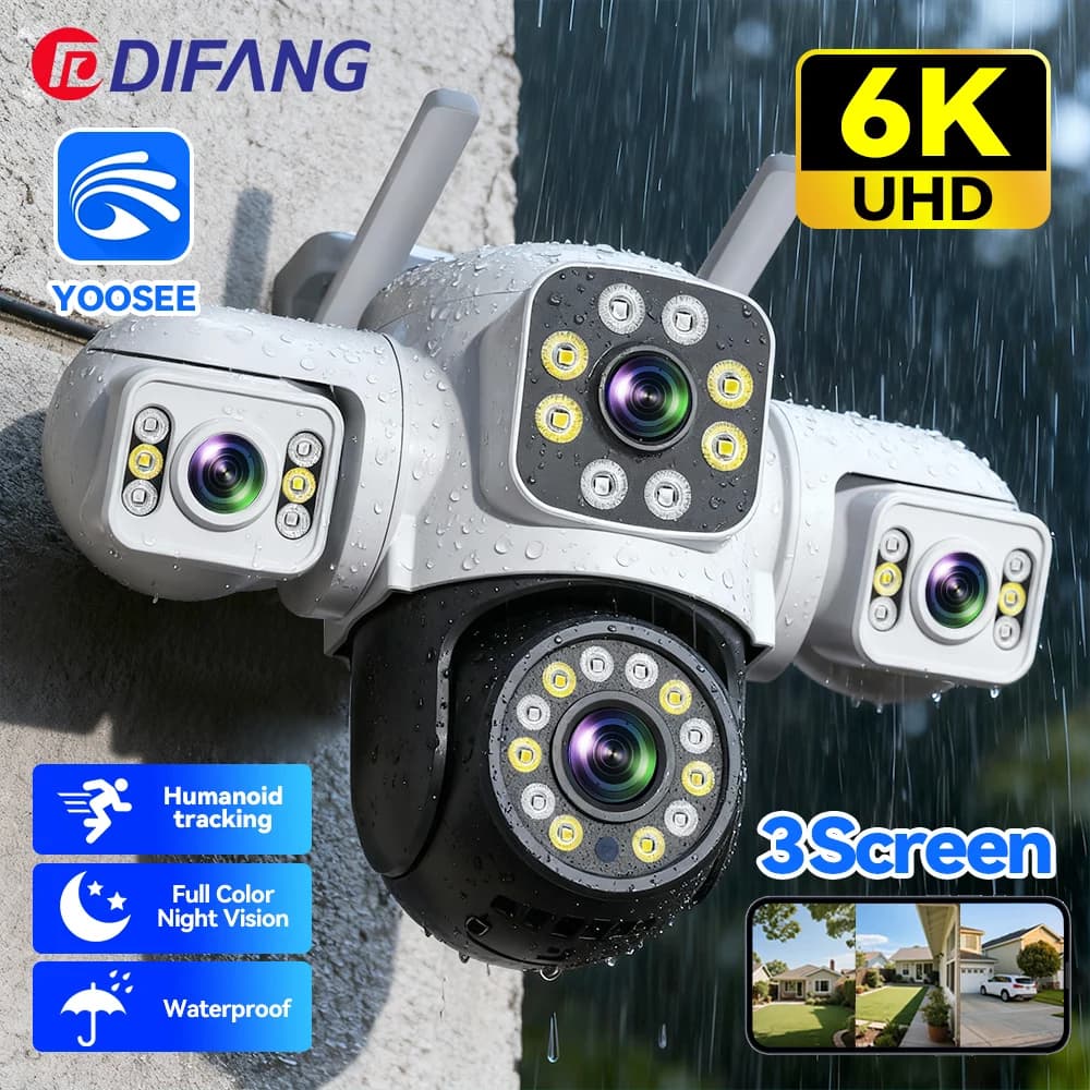 Telecamera IP WiFi con protezione di sicurezza 6K 12MP da esterno 360 ° PTZ Auto Tracking Tre Schermi Mini Sorveglianza Domestica Yoosee CCTV