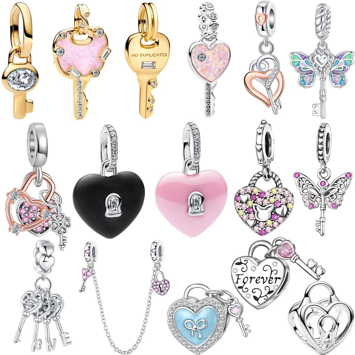 Ciondoli originali con lucchetto e chiave in argento sterling 925, pendenti con perline chiave a forma di cuore fortunato, adatti per collane, braccialetti, gioielli fai da te
