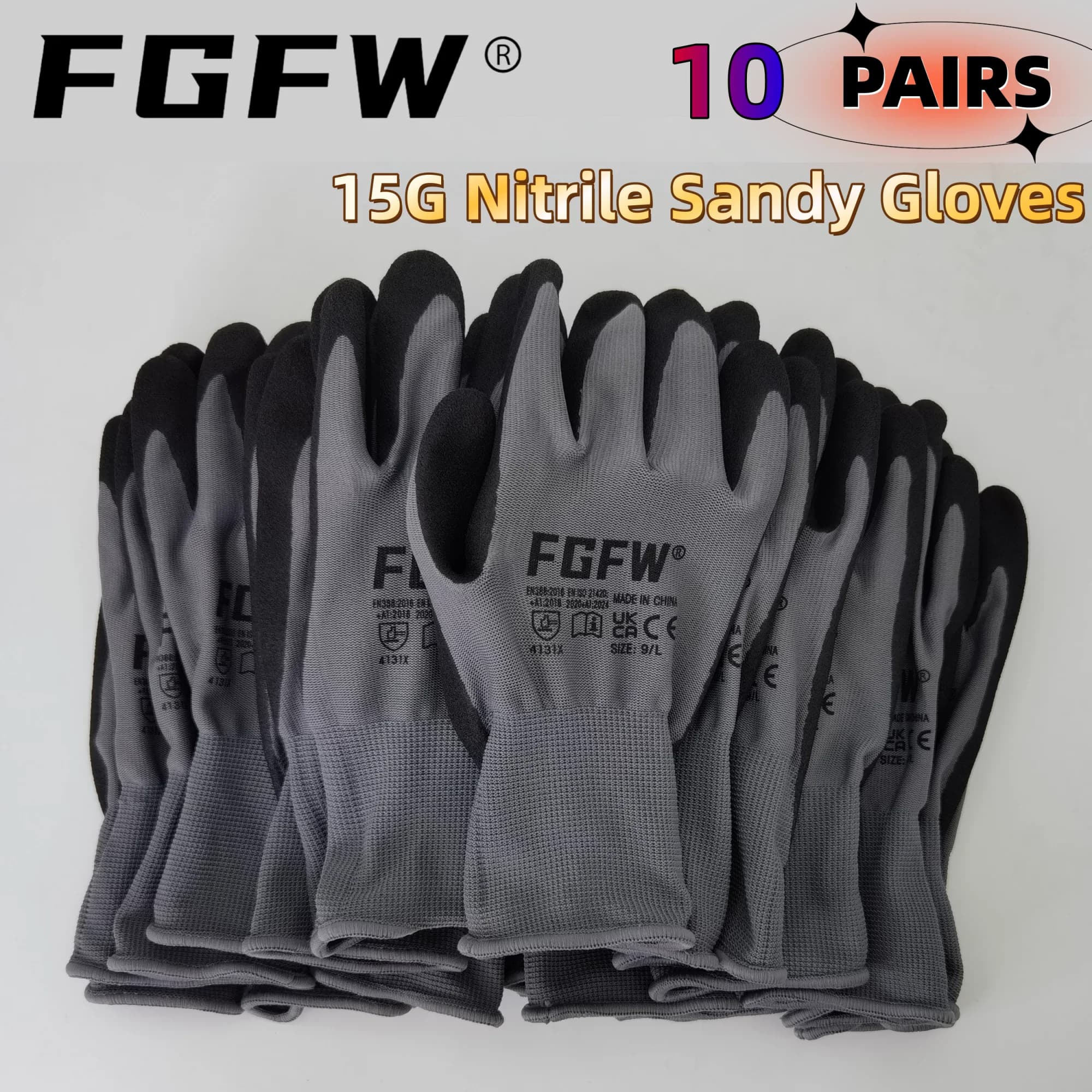 FGFW 10 Paia di Guanti da Lavoro in Nitrile Grigio Sabbiato EN388 Livello 4 per Meccanici, Riparazioni Auto, Magazzino e Industria