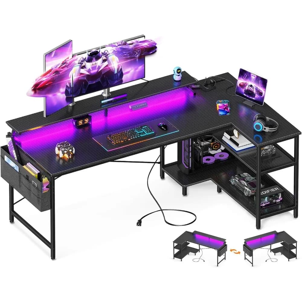 Scrivania da gioco da 66 pollici con porte di ricarica USB e luci a LED, scrivania per computer reversibile a forma di L con ripiani portaoggetti e monitor St
