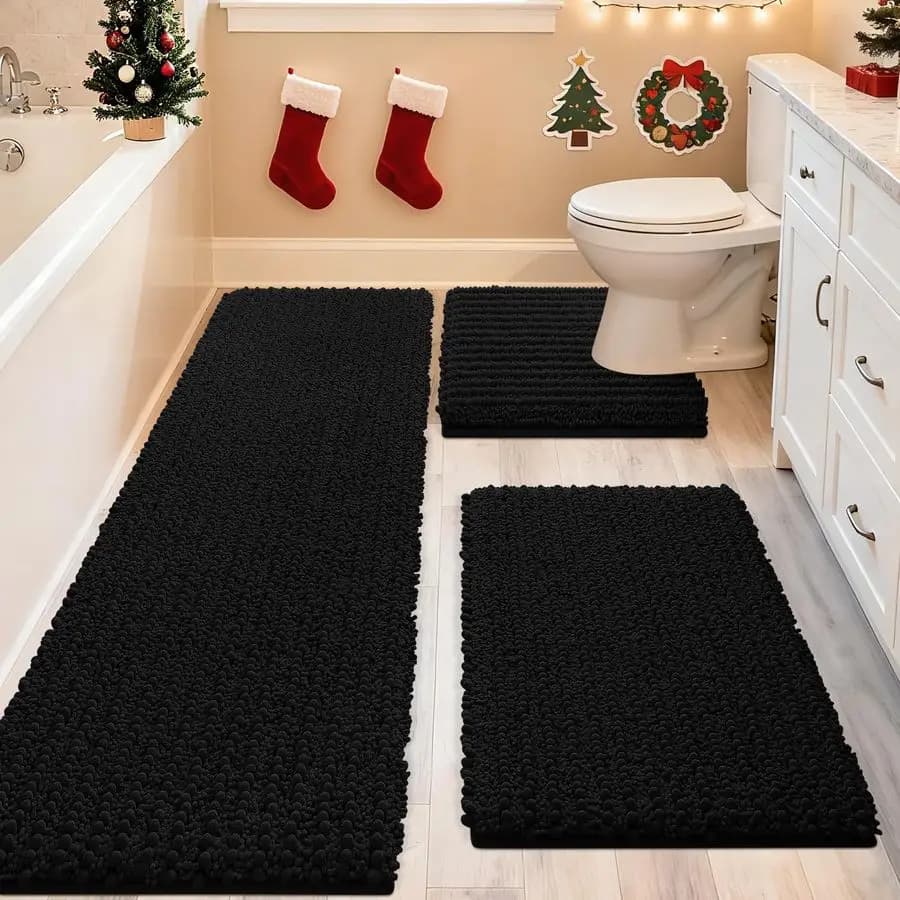 Aggiorna il set di tappeti da bagno neri extra large, 3 pezzi, tappetini da bagno ultra morbidi, spessi e assorbenti, tappetino da toilette in ciniglia antiscivolo per il bagno