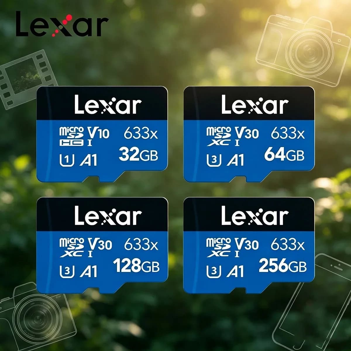 Original Lexar TF Card 633x Micro SD Card A1 V30 Storage 32GB 64GB 128GB 256GB 512GB Microsd Flash Card for Dashcam Tablet Phone