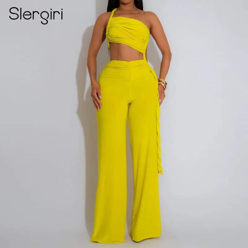 Slergiri Tuta da donna sexy club increspata senza schienale 2025 Estate ritaglio Party Outfit Moda tinta unita Tute a gamba larga