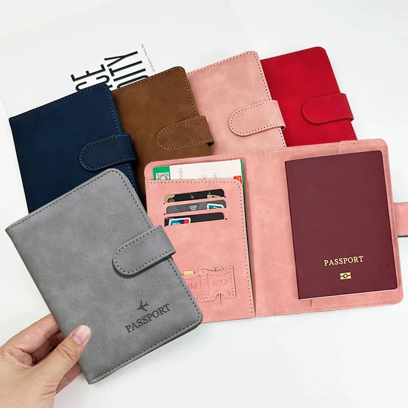 Custodia per passaporto in pelle Portafoglio Porta carte in pelle con blocco RFID Accessori da viaggio per donna Uomo Copri passaporto con fibbia