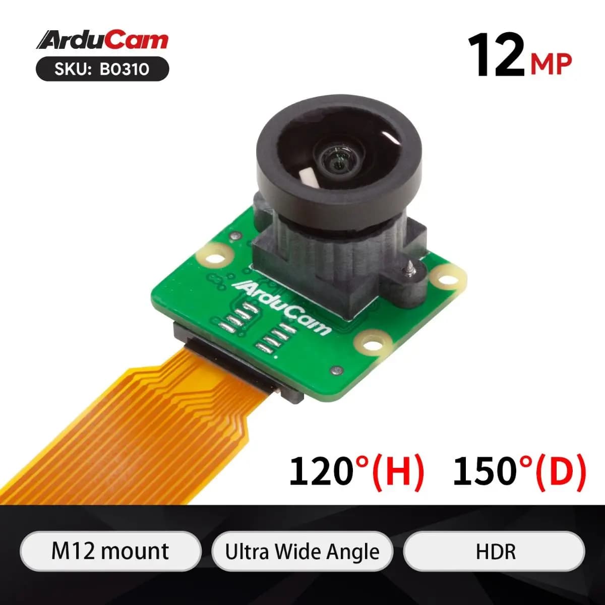 Arducam 12MP wide-angle camera module IMX708 HDR 120 ° with M12 lens for Raspberry Pi
