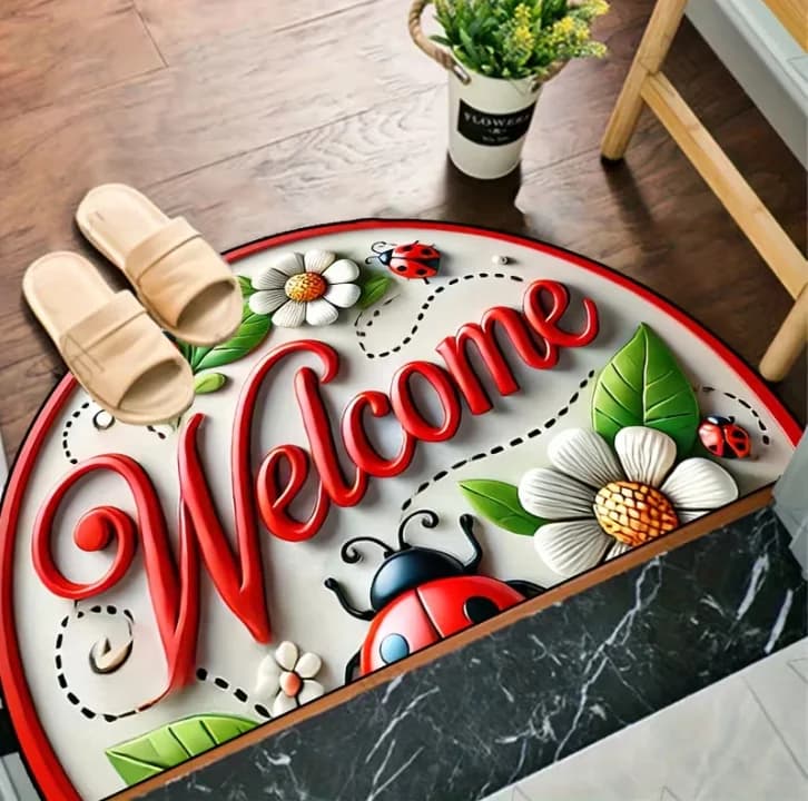 Tappeto Decorativo 3D 'Welcome Home' con Coccinella e Margherita, Tappetino Semicircolare per Interni ed Esterni, Ingresso, Camera da Letto e Spazi Esterni