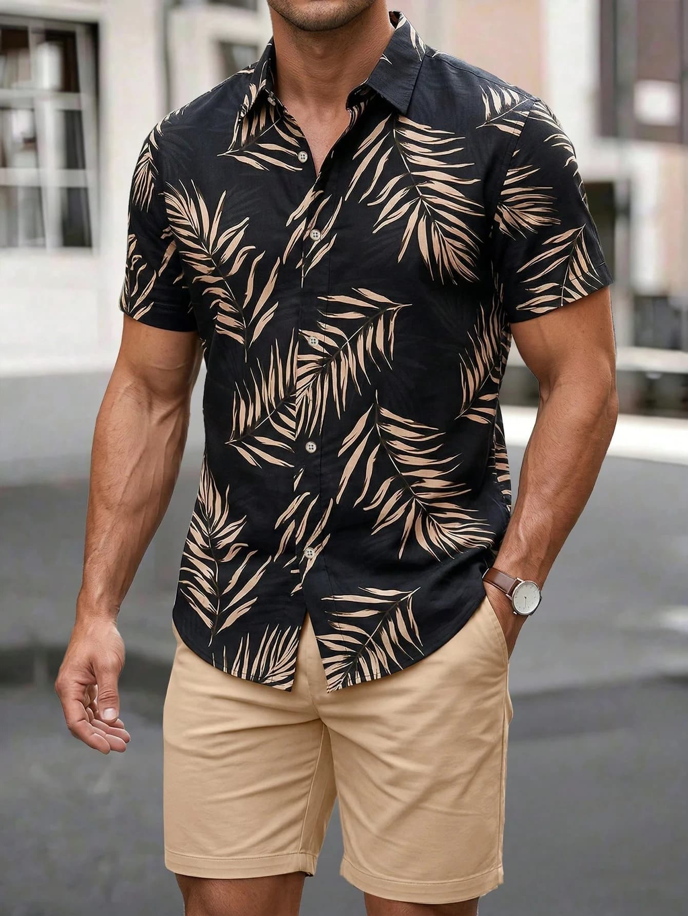 2026 Men's Shirt and Shorts Set with 3D Leaf Print Men's Short-Sleeve Casual Beach Shorts Two-Piece Set Hawaiian Style