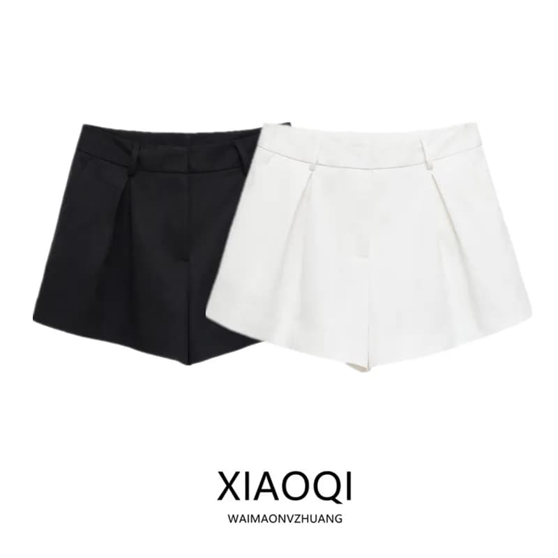 Shorts Casual da Donna Plissettati Estate 2026, Versatili per il Pendolarismo, con Design a Vita Pieghevole, Vita Naturale, Cerniera, Altri Materiali