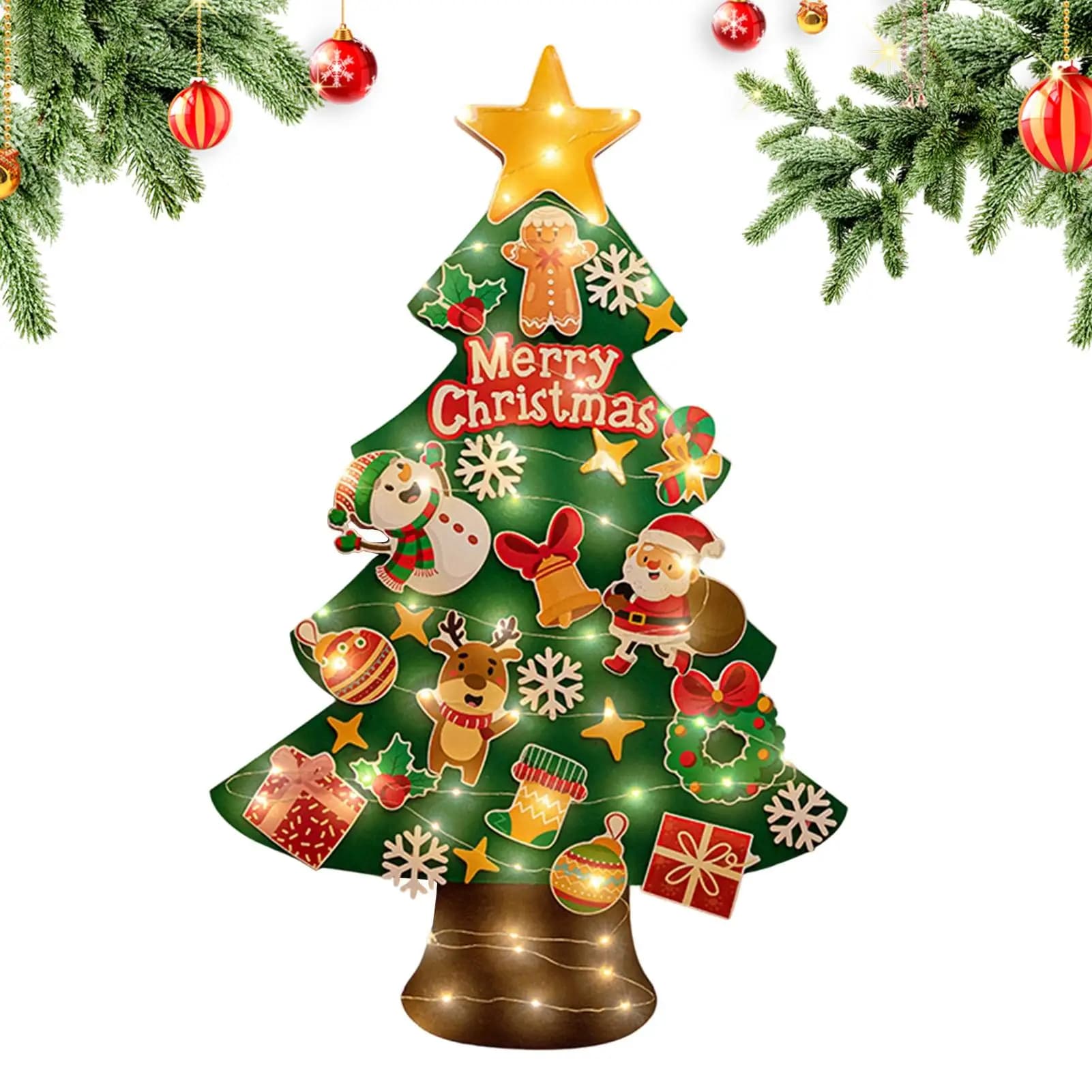 Albero di Natale in feltro per bambini con decorazione a stringa di luce a LED da 9,8 piedi Albero di Natale per bambini per camera da letto Asilo nido all'aperto per interni