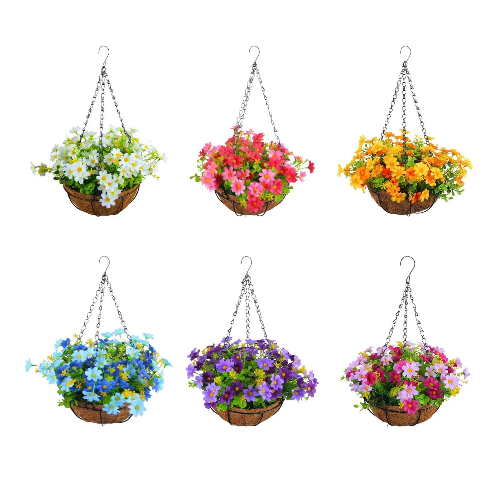 Fiori di margherita artificiali, cesto ornamentale, composizione floreale, appendi-piante finto