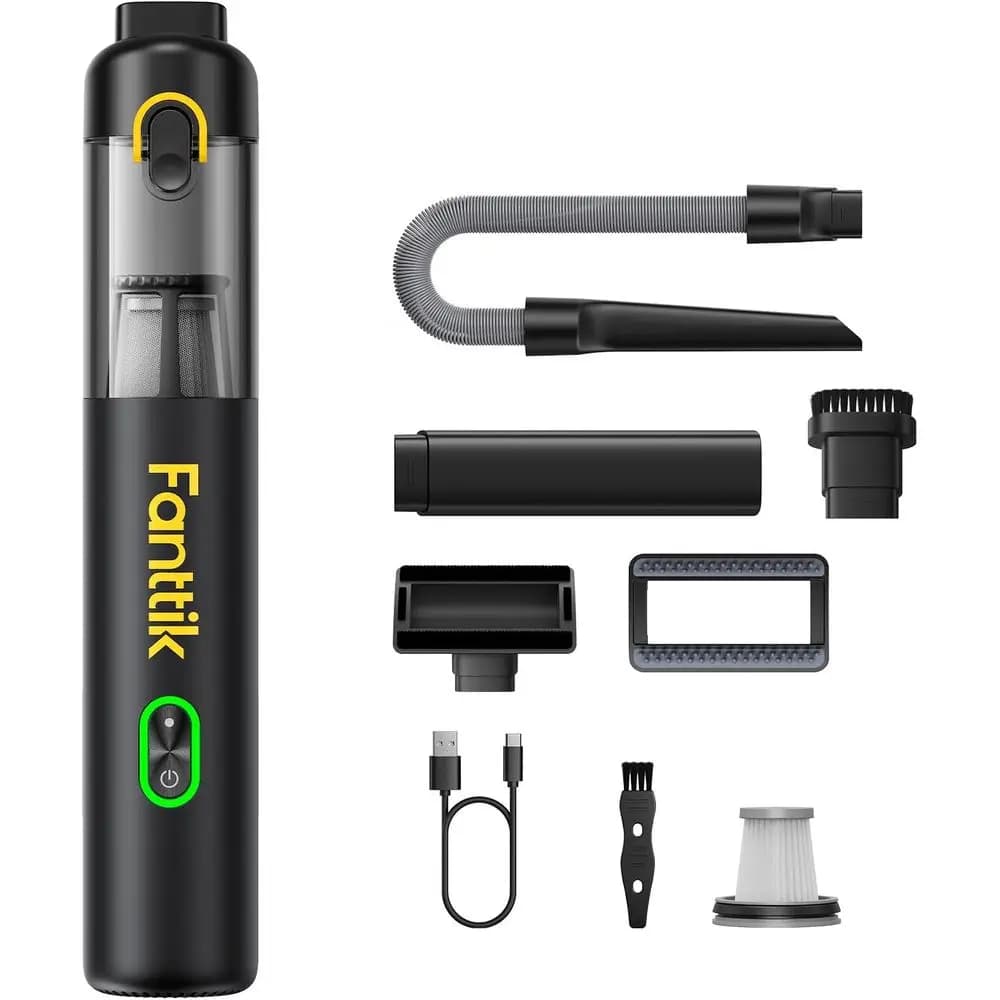 Mini aspirapolvere portatile, aspirazione 13000pa, 2 ugelli, ricarica USB-C, ideale per auto, piccoli spazi e scrivanie da ufficio (Nero)