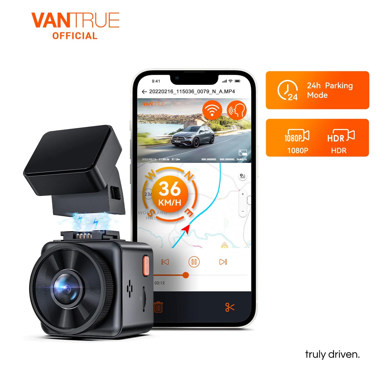 Vantrue E1 Lite Mini Dashcam 1080P WiFi Dash Room with free App Voice Control 24 Hours Parking Mode Support 512 GB Max