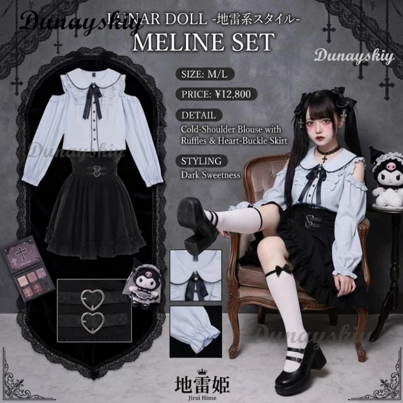 Set di Moda Lolita Y2K Dark Jirai Kei, Elegante Camicetta con Dettaglio Fiocco, Gonna Aderente, Stile Studentesco Giapponese Classico, Completo Due Pezzi