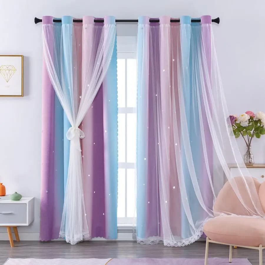 Children's Curtains Lengths 84 Inches for Kids Room, Rainbow Dark Curtains Unicorn Princess, Home Decoration with Pink Eyelets