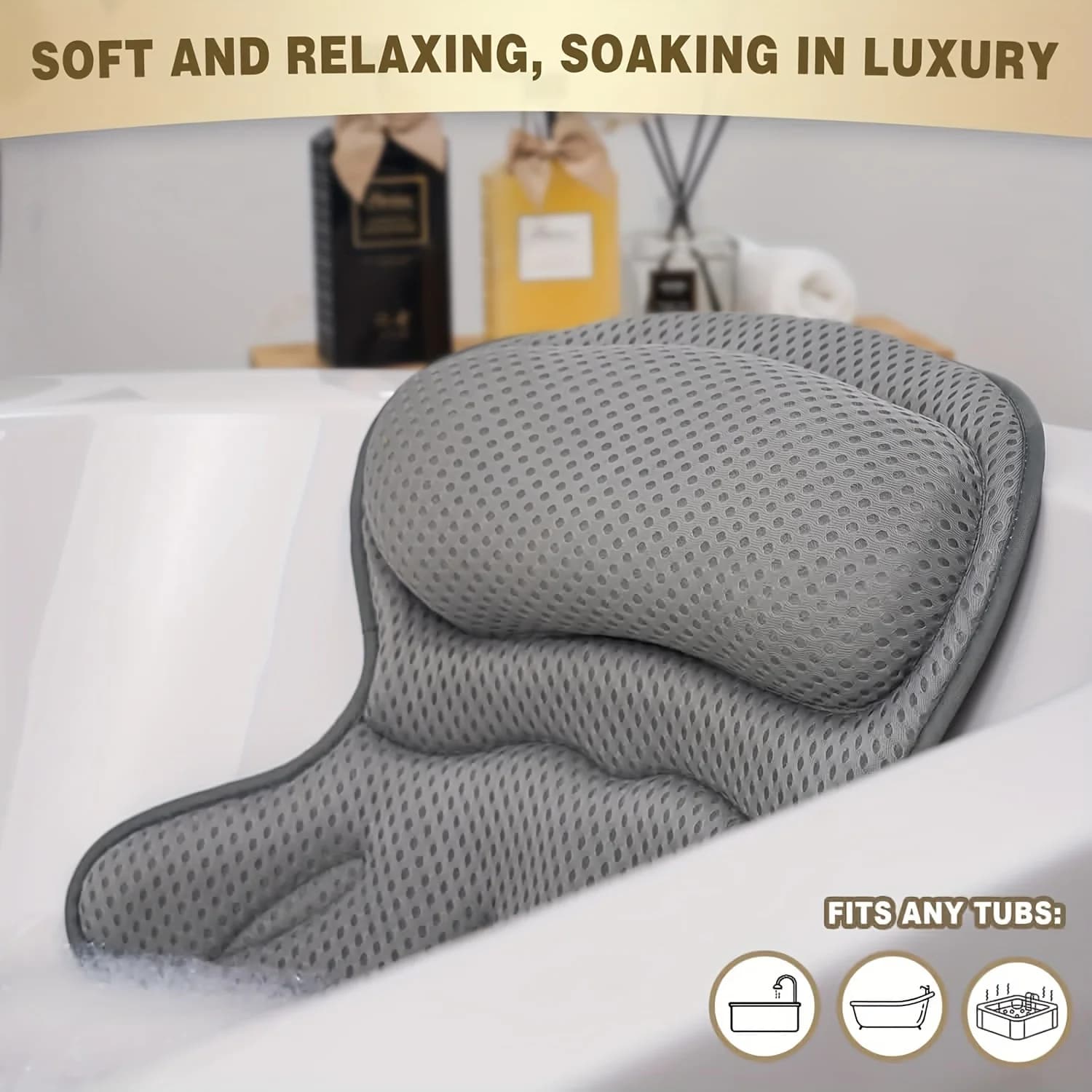 Cuscino da bagno di lusso da 1 pezzo con rete d'aria 3D e aspirazione sicura | Supporto per collo/schiena, lavabile in lavatrice, uso domestico/spa