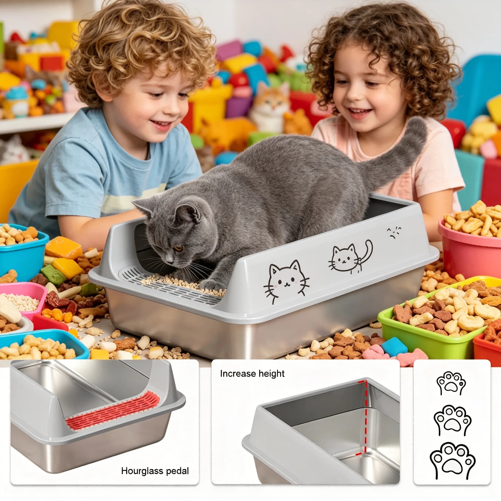 Lettiera per gatti in acciaio inossidabile, disponibile nei colori nero e grigio, con pedale anti-schizzi per evitare lo spargimento della lettiera. Questo Se