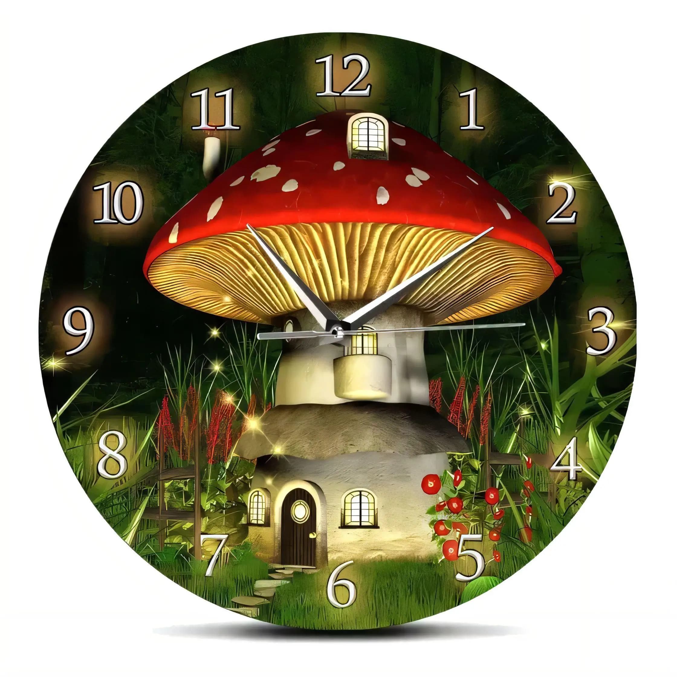 Whimsical Mushroom House Wall Clock Fantasy Forest Decorative Art for Kids Room Silent Non Ticking Battery Operated