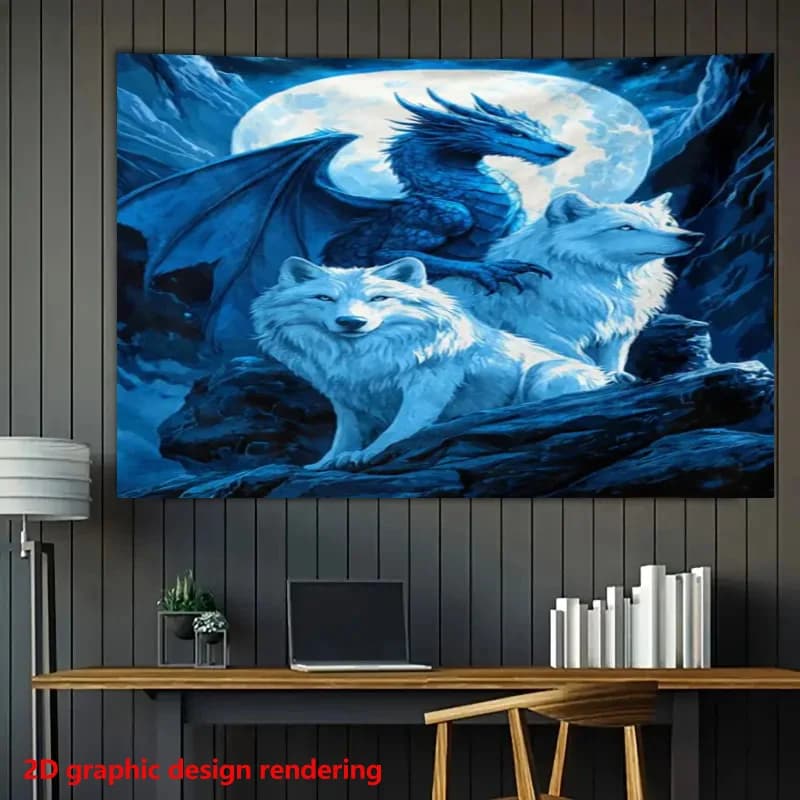 Epic Fantasy Wolf and Dragon Art Wall Tapestry Blue Moonlight Forest Scene Home Decor Poster
