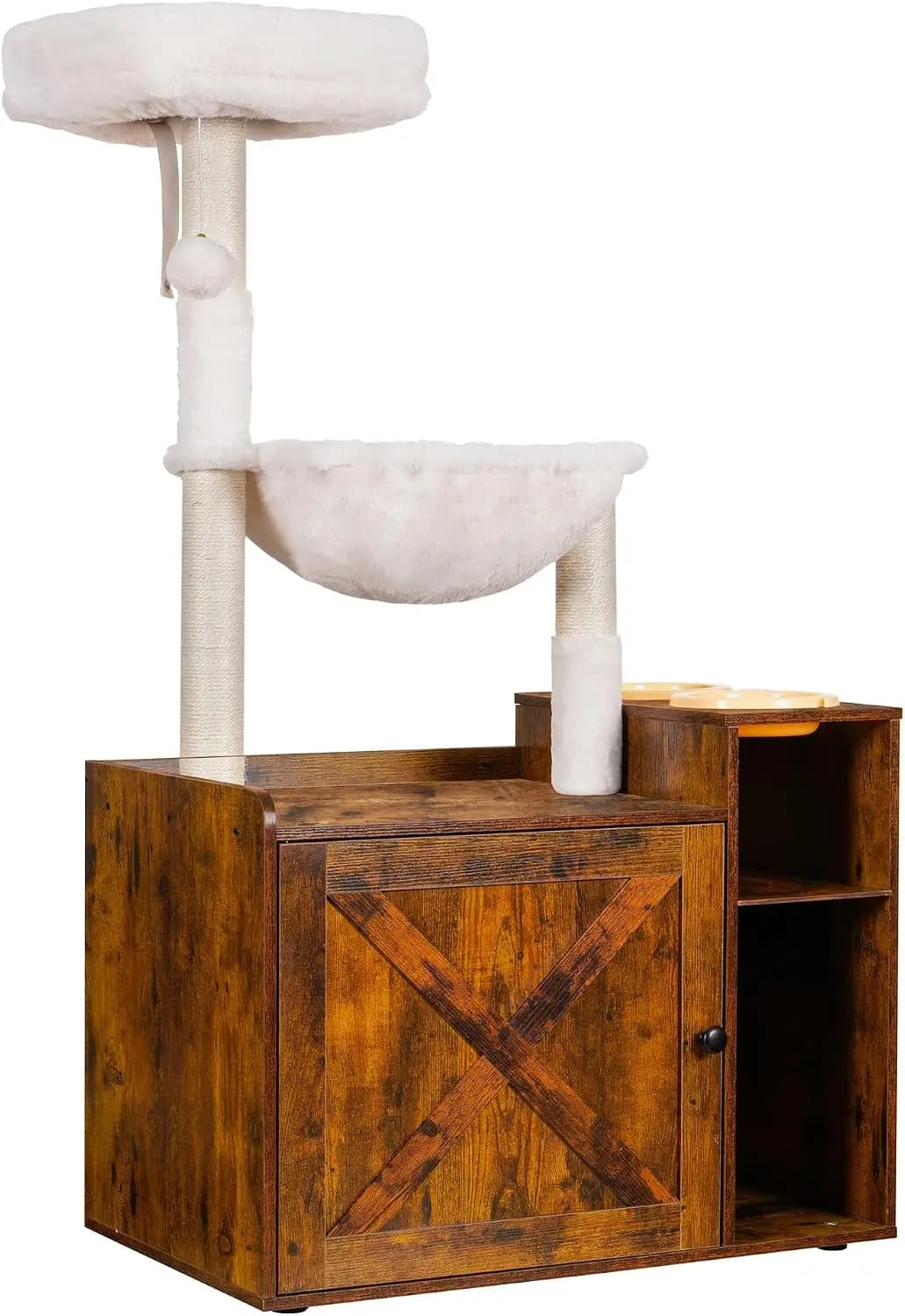 Cat Tree Tower, Food Station, XL Litter Box Enclosure, MPJ101SR | 48.81 Inches Wooden All-in-one Cat Furniture, Large Hammock, B