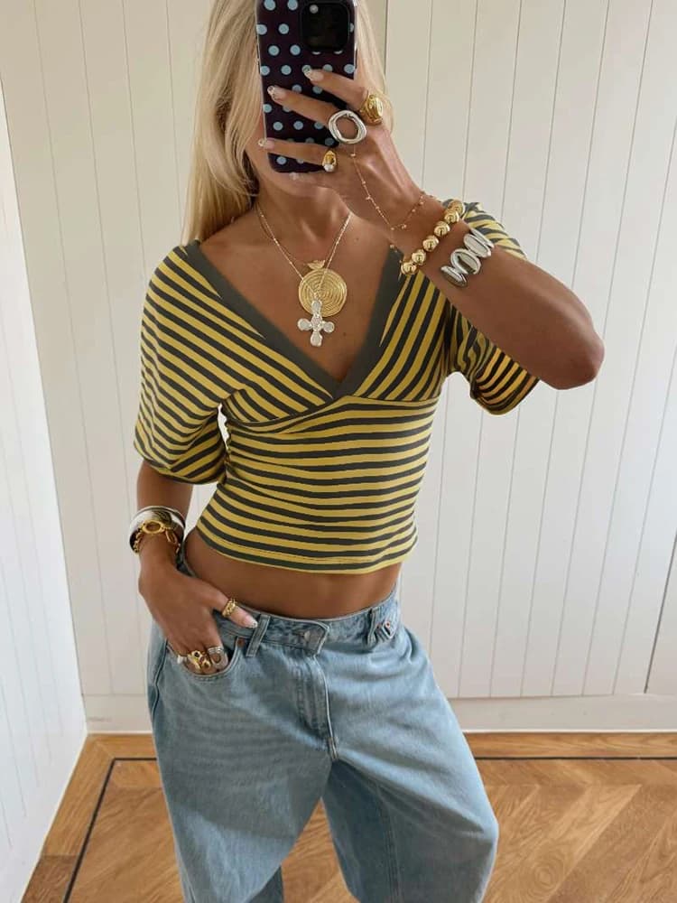 Kliou Striped Patchwork T-Shirts Women Summer Trend V-Neck Short Sleeve Backless Navel Exposed Street Casual Fashion Style Tops