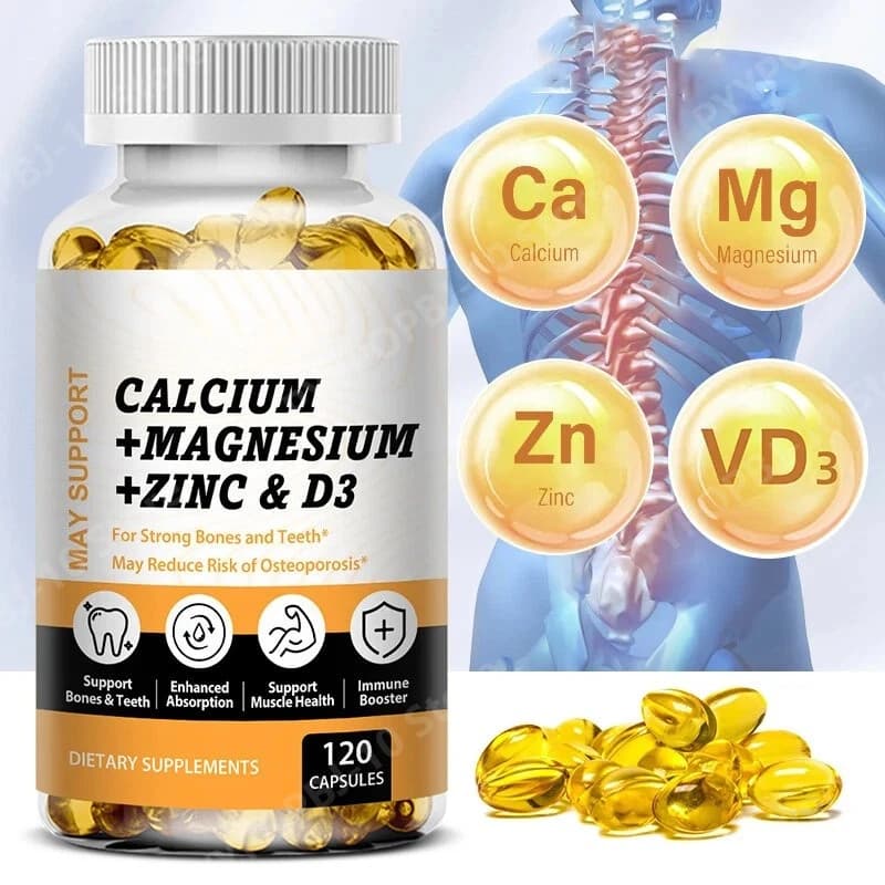 Integratore Minerale Quotidiano di Calcio, Magnesio e Zinco con Vitamina D3 per il Supporto della Salute Ossea, 120 Capsule Morbide