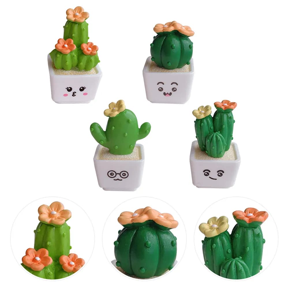 Set of 4 Mini Ornaments in Fat Plants Shape Resin, Artificial Decorations for Home, Office, Desk, Shelves and Garden