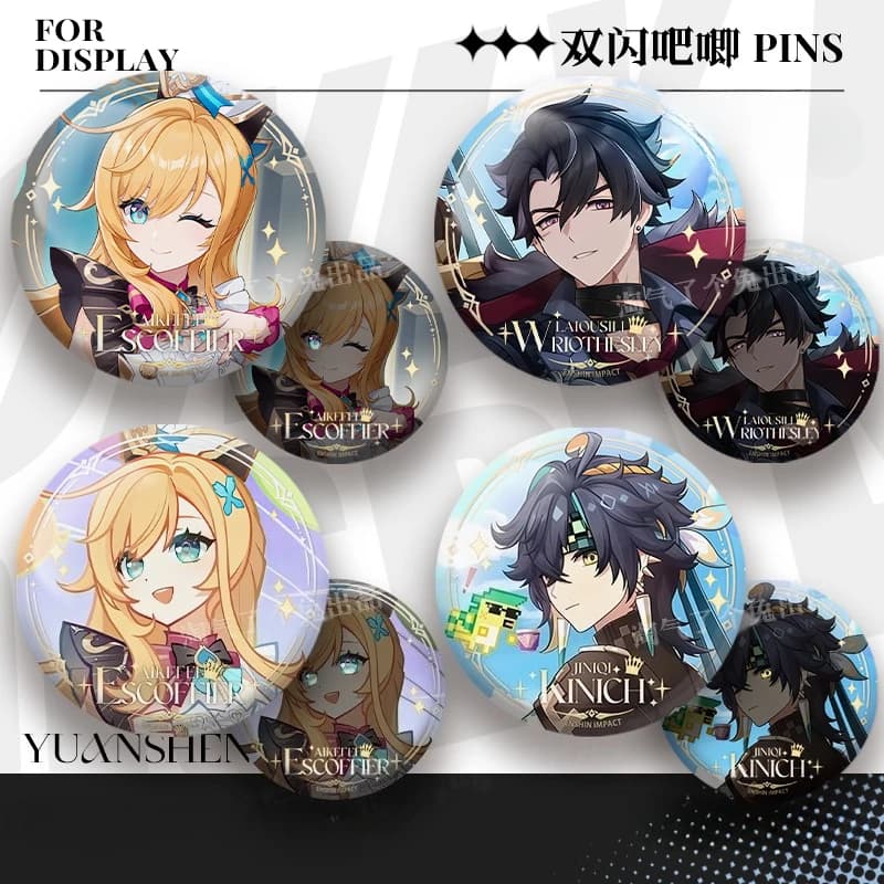 75mm Genshin Impact Game Figure Laiousili Jiniqi Aikefei Tinplate Brooches Pins Double Flash Badge Backpack Accessories Gifts