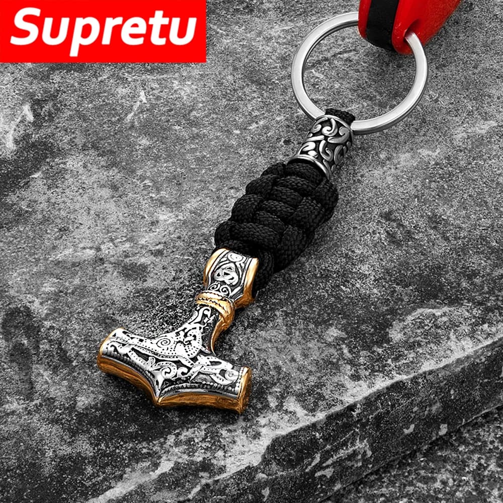 Retro Vikings Thors Hammer Survival Rope portachiavi uomo portachiavi in pelle in acciaio inossidabile amuleto fatto a mano rune nordiche Anchor Jewelry