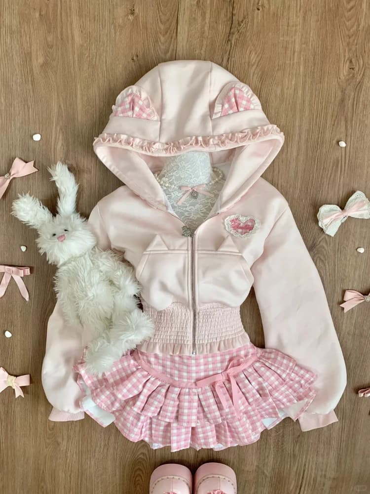 Giapponese Y2k Dolce Elegante 2 Pezzi Set Donna Autunno Inverno Con Cappuccio Design Cappotto + Casual Minigonna Femminile Coreano Vestiti Popolari