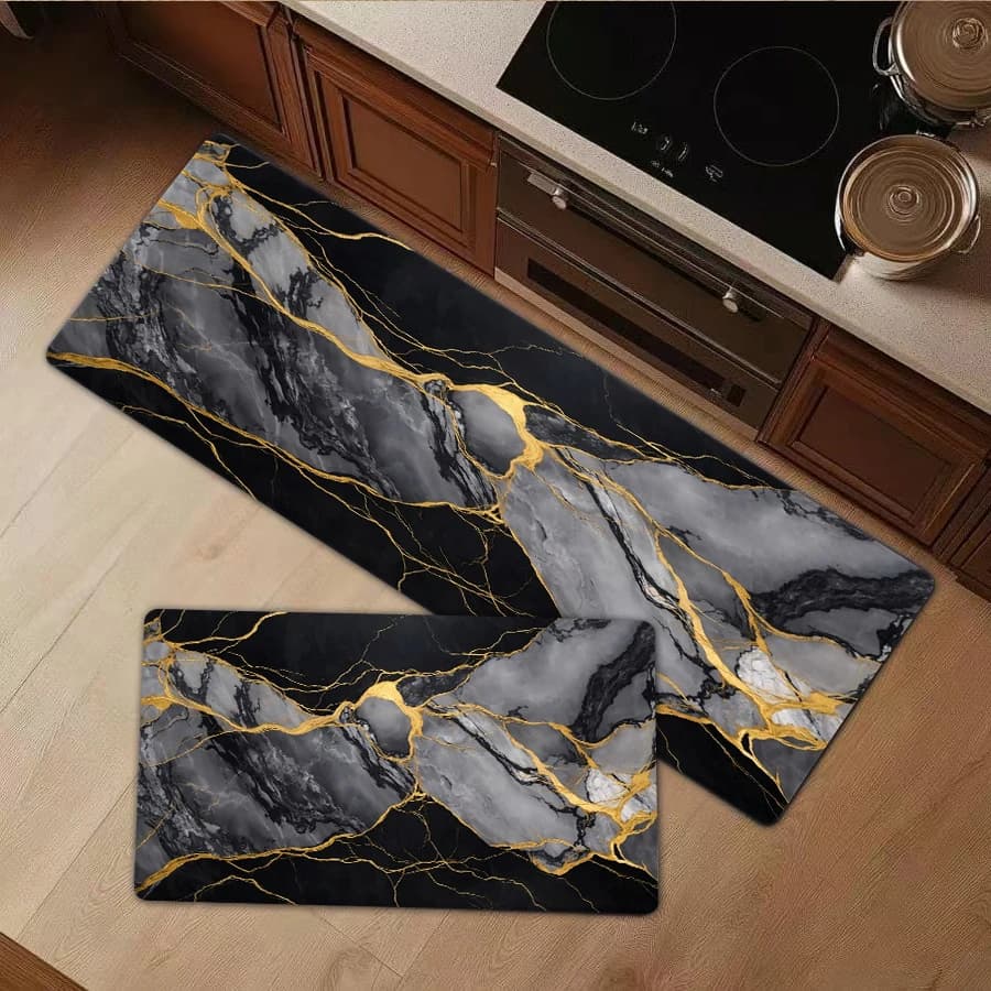 1/2/3Pcs Flannel Kitchen Mat—Modern Luxury Floor Mat Abstract Black and Gold Marble Texture Rug Soft Flannel Carpet for Living Room Bedroom Home Decor Area Rug—Soft,Comfortable,Suitable For Bathroom,Bedroom,Kitchen,Laundry Room