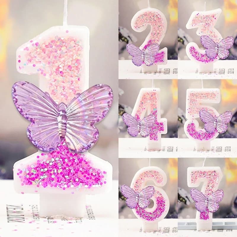 Candele di compleanno con numero 0-9 Farfalla viola Glitter Candela digitale Decorazioni per topper per torte per forniture per feste di matrimonio di compleanno